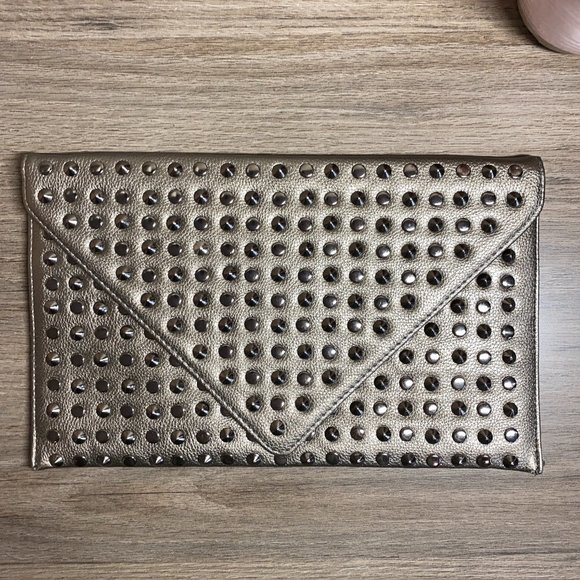 MMS Design Studio Handbags - MMS Metallic Grey Studded Envelope Clutch